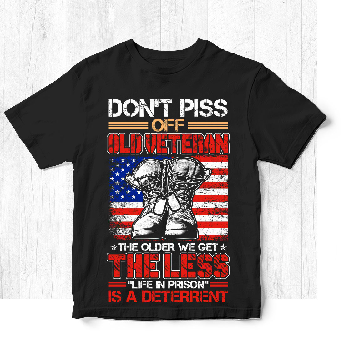 Black shirt with an american flag and an image of an old veteran.
