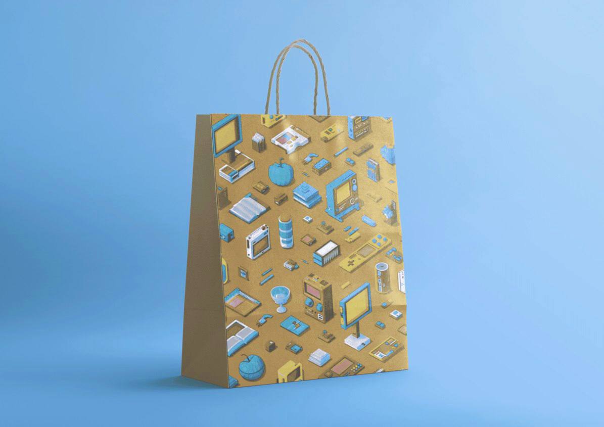 Paper bag with a pattern of objects on it.