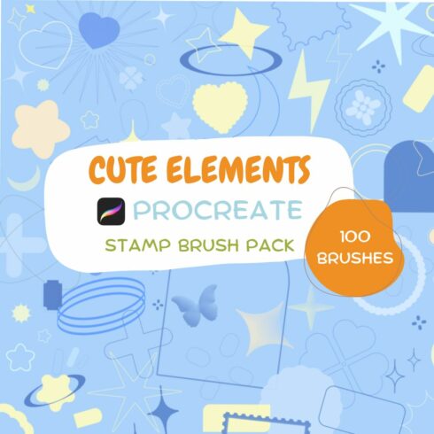100 Cute Elements Procreate Stamp Brush Pack cover image.