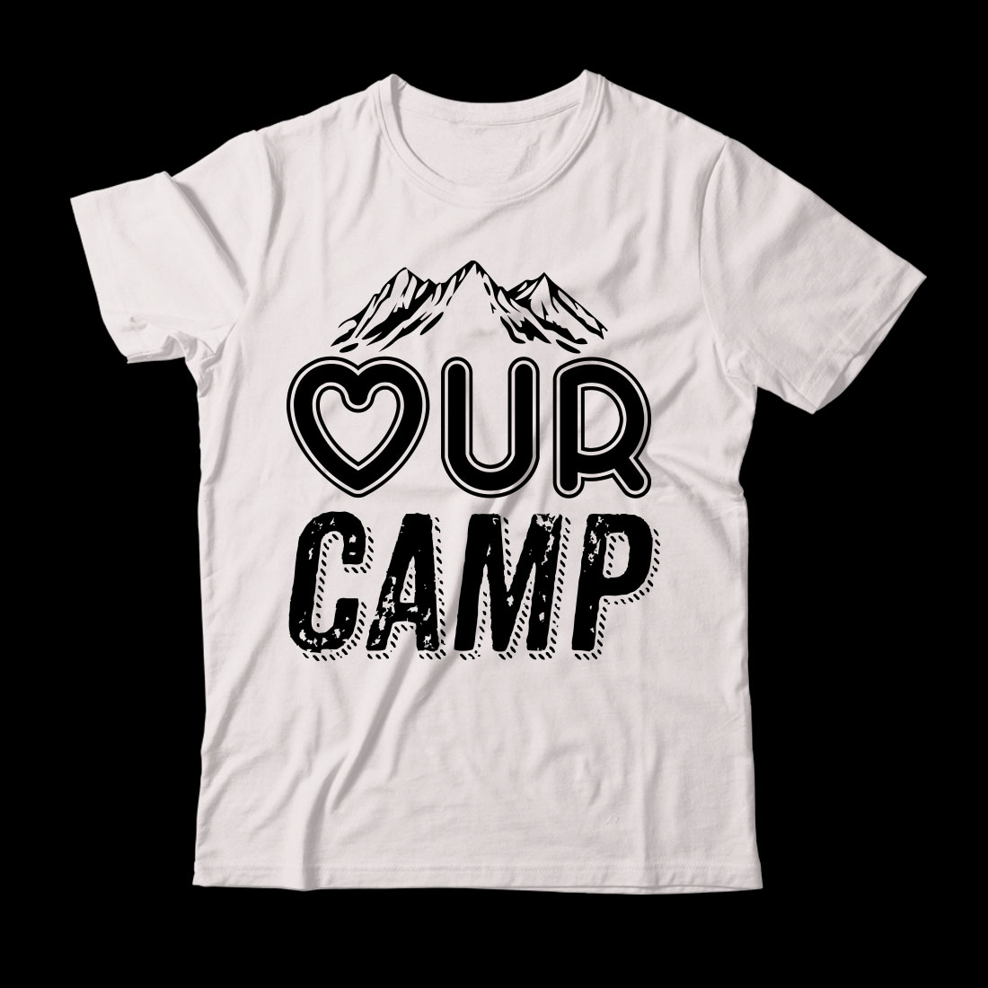 White t - shirt with the words our camp printed on it.
