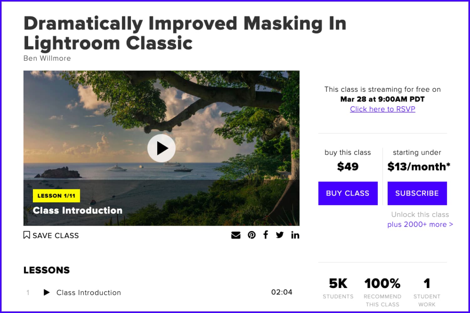 Screenshot of the main page of the course Dramatically Improved Masking In Lightroom Classic website.