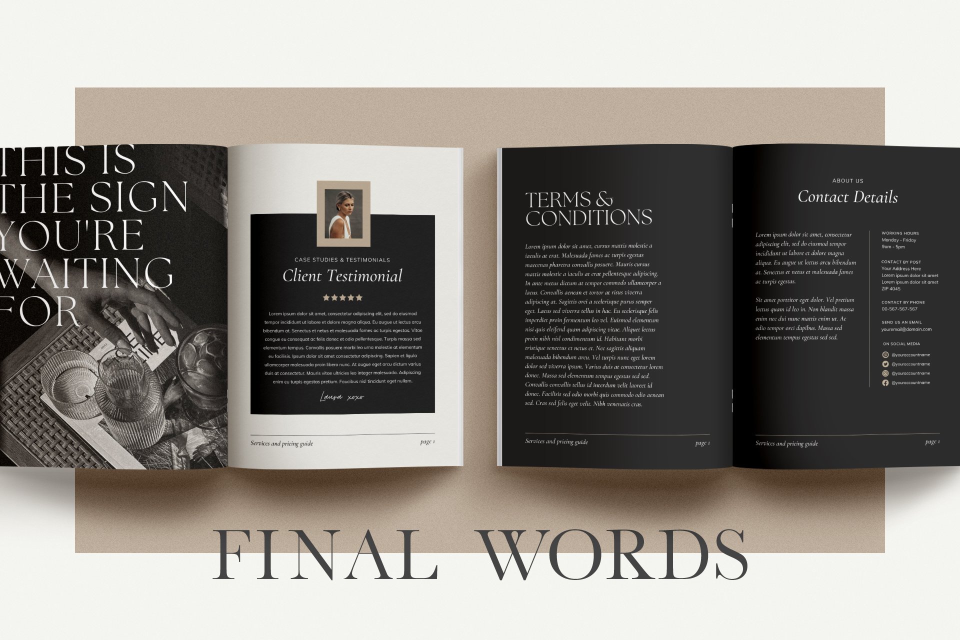 13 elegant black and beige services and pricing guide magazine client brochure editable canva template 123