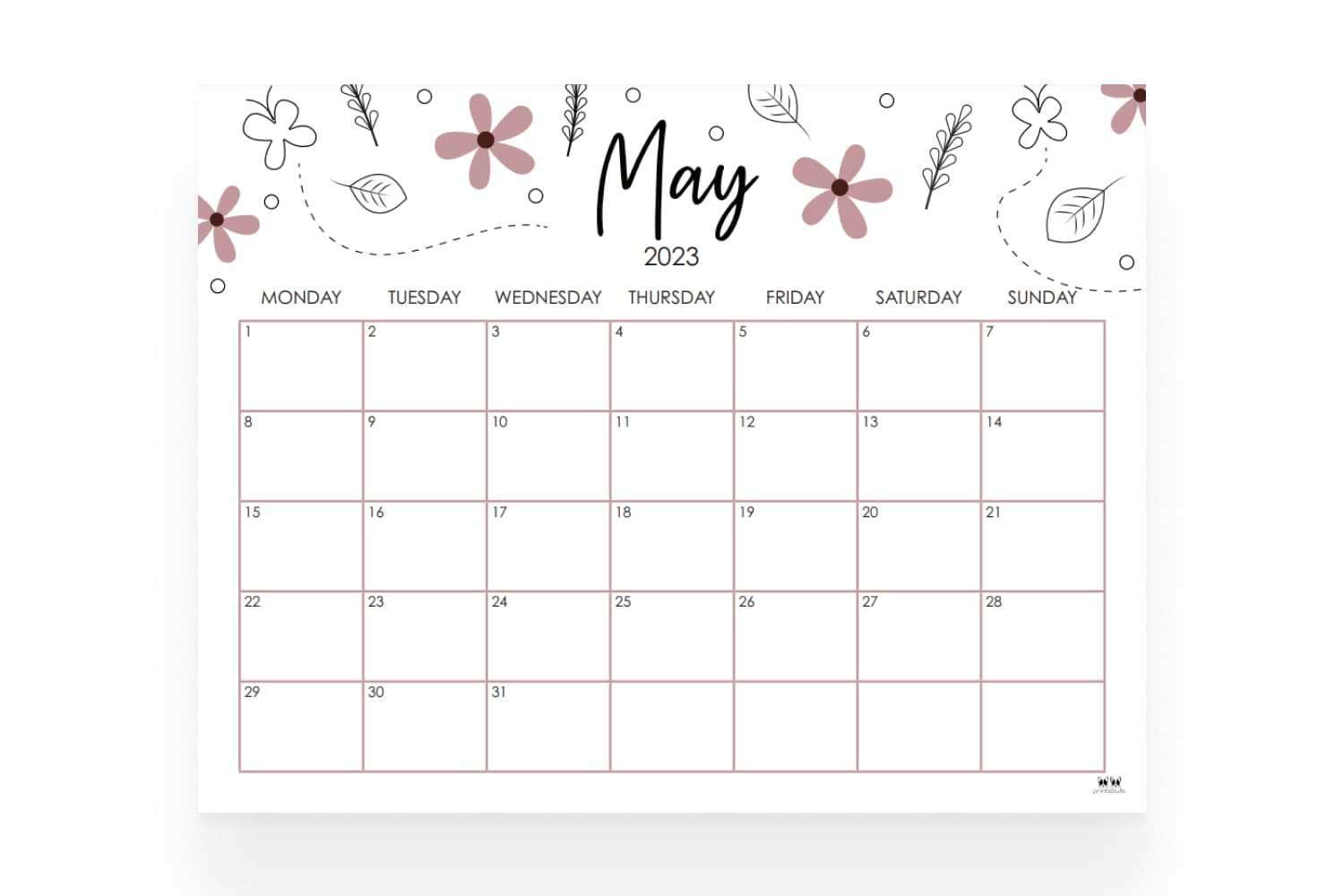 May calendar with a white background with flowers, black text, and large date boxes with space for notes.