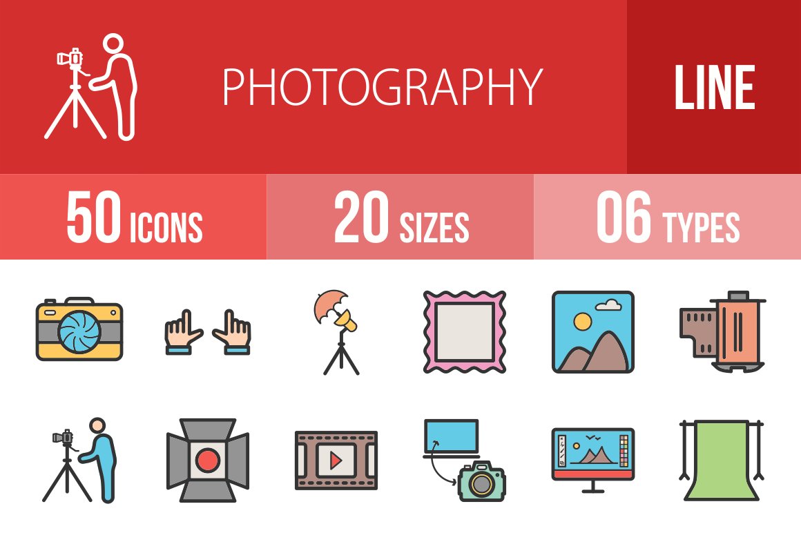 50 Photography Line Filled Icons cover image.