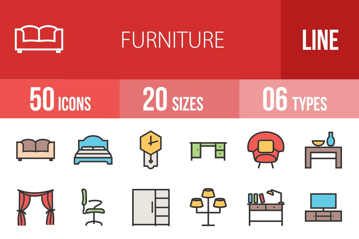 50 Furniture Line Filled Icons cover image.