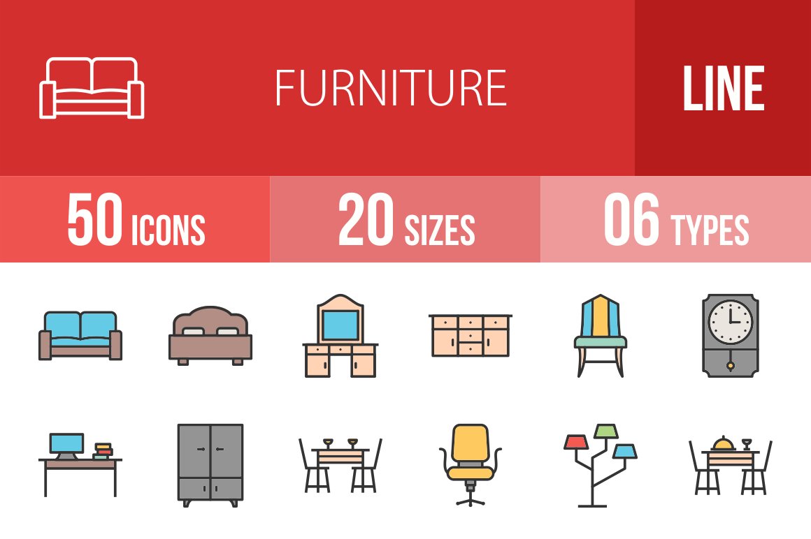 50 Furniture Filled Line Icons cover image.