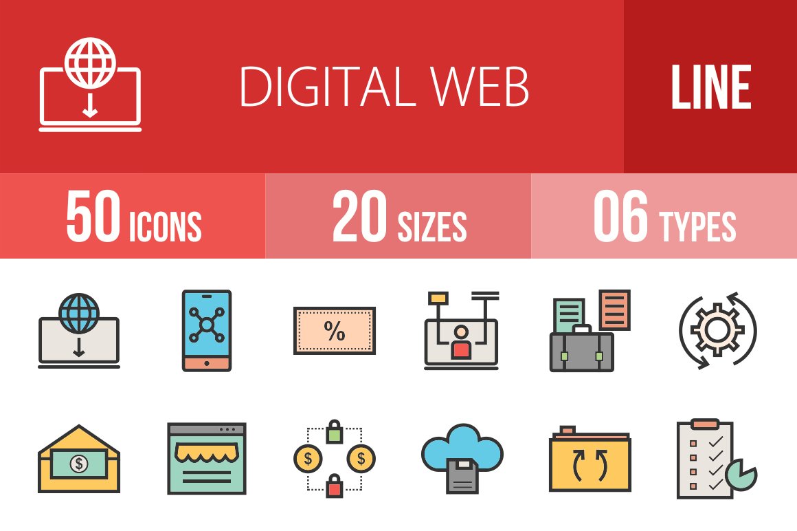 50 Digital Web Line Filled Icons cover image.