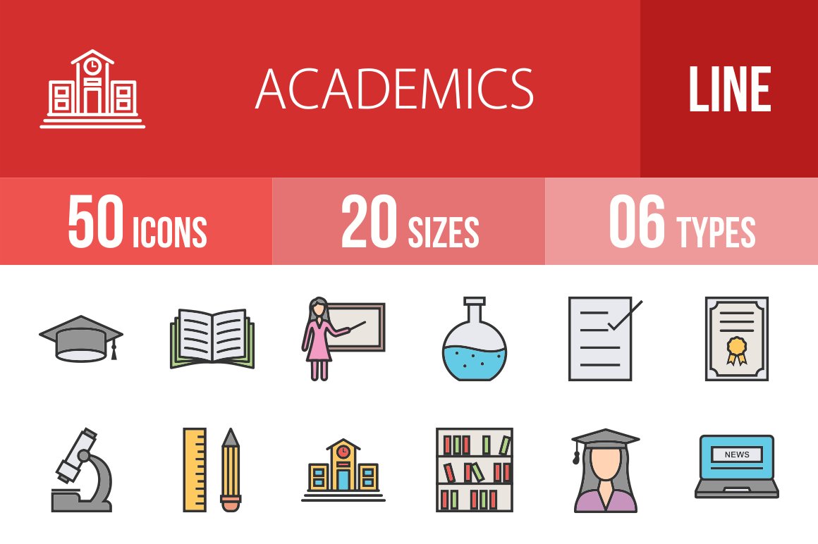 50 Academics Filled Line Icons cover image.