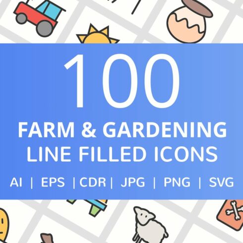 100 Farm & Garden Filled Line Icons cover image.