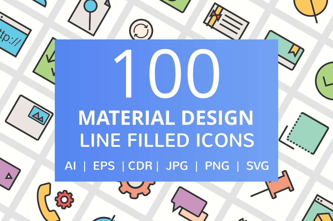 100 Material Design Filled Line Icon cover image.