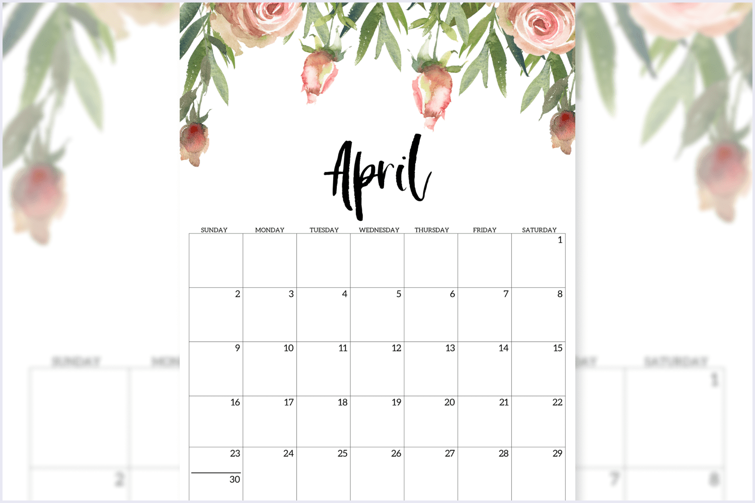 Calendar for April 2023 with painted roses from above.