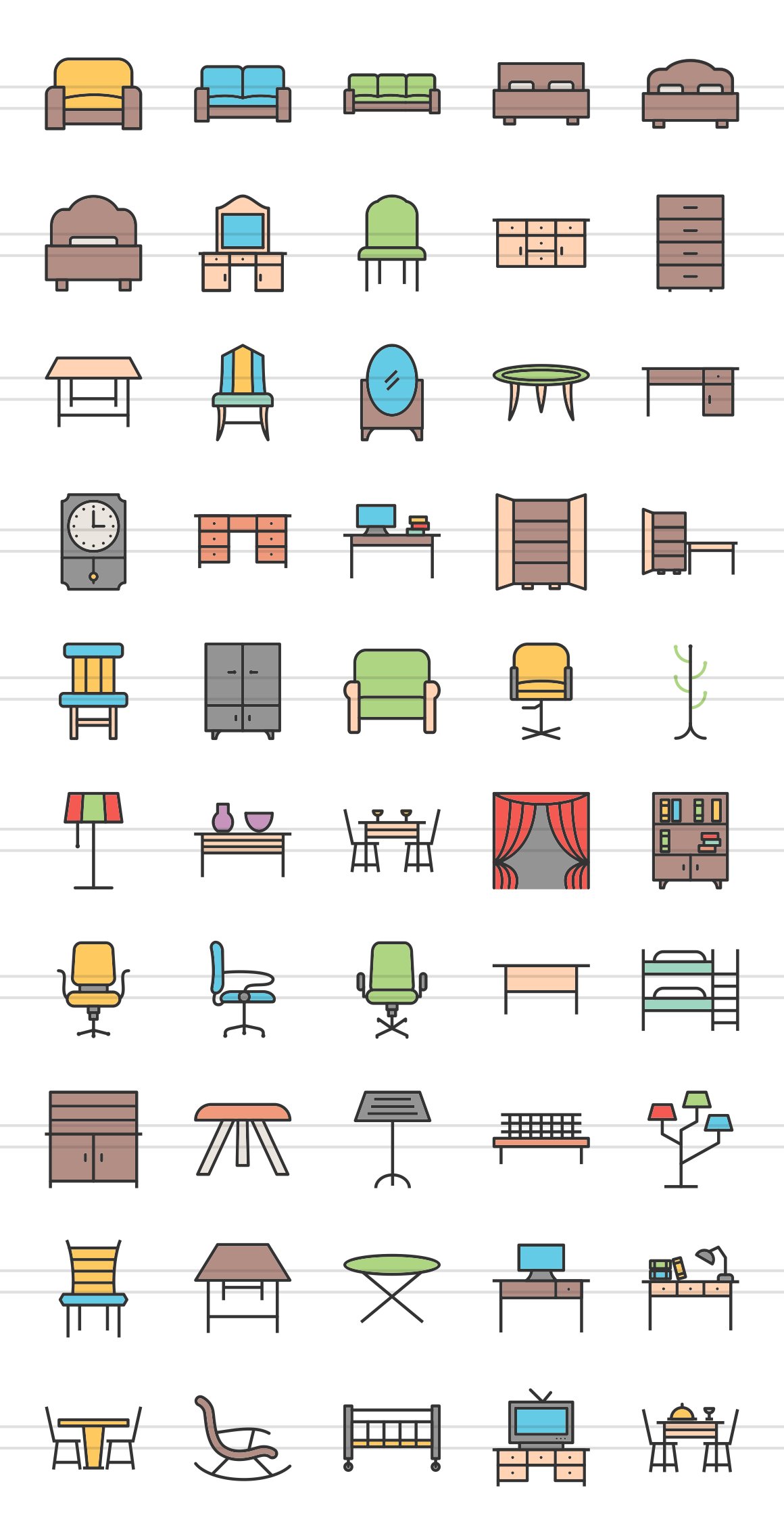 50 Furniture Filled Line Icons preview image.