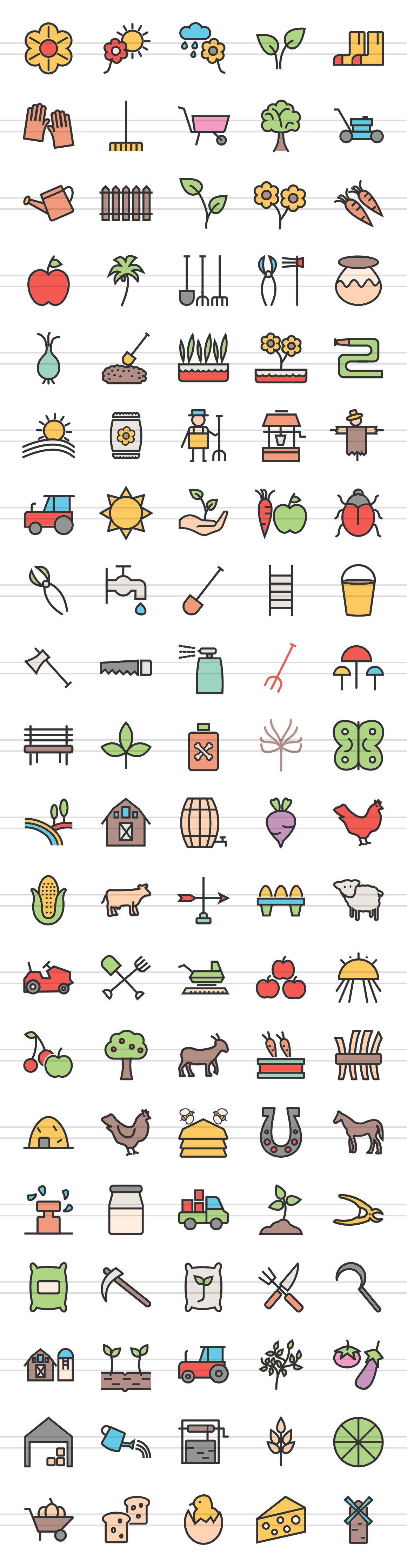 100 Farm & Garden Filled Line Icons preview image.