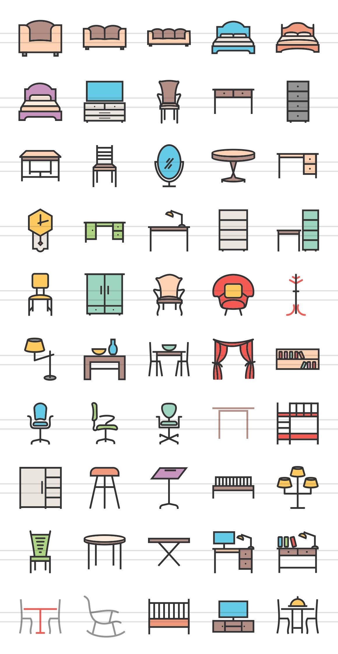 50 Furniture Line Filled Icons preview image.