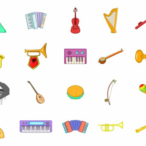 Musical instrument icon set, cartoon cover image.