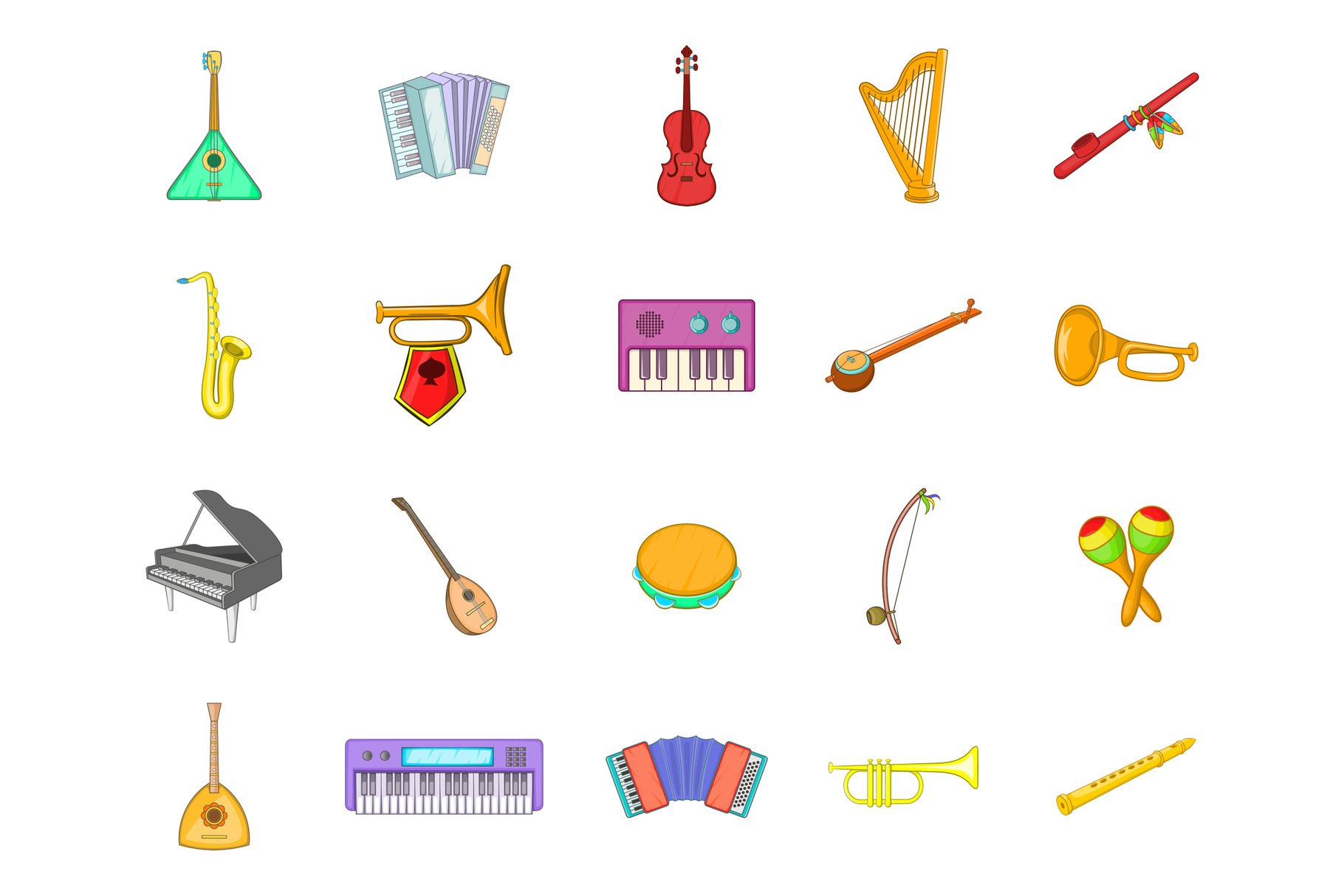 Musical instrument icon set, cartoon cover image.