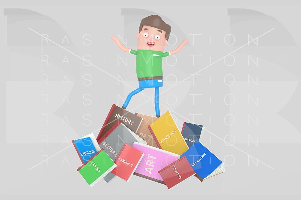 Student standing  on pile of books cover image.