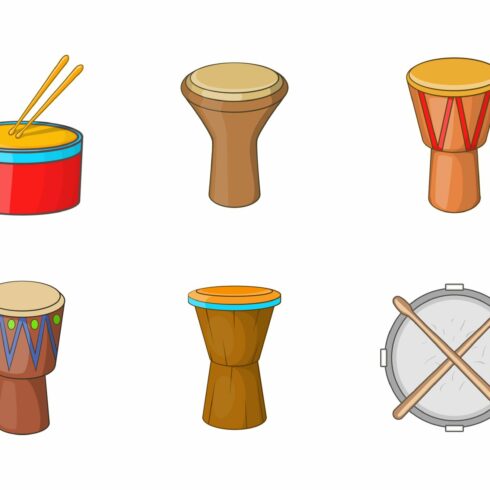 Drums icon set, cartoon style cover image.