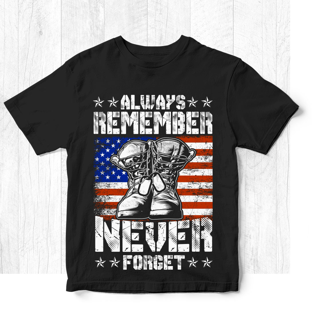 Black t - shirt with an american flag and a pair of boxing gloves.