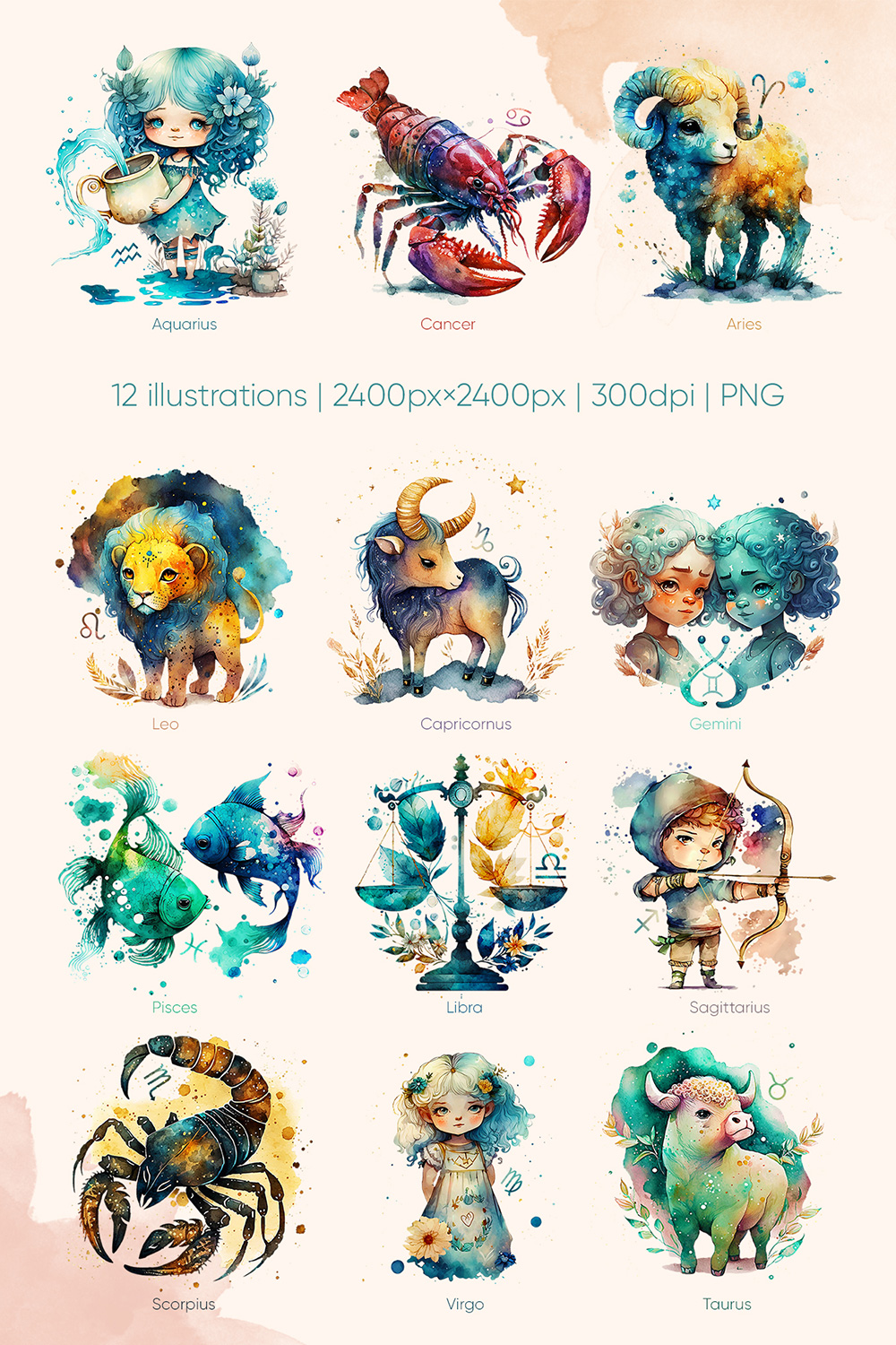 Watercolor Zodiac Sign Illustrations pinterest preview image.