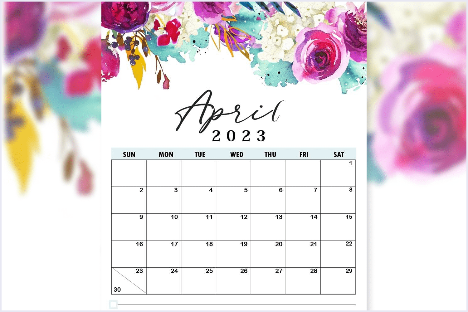 Calendar for April 2023 with drawn roses from above and white background.