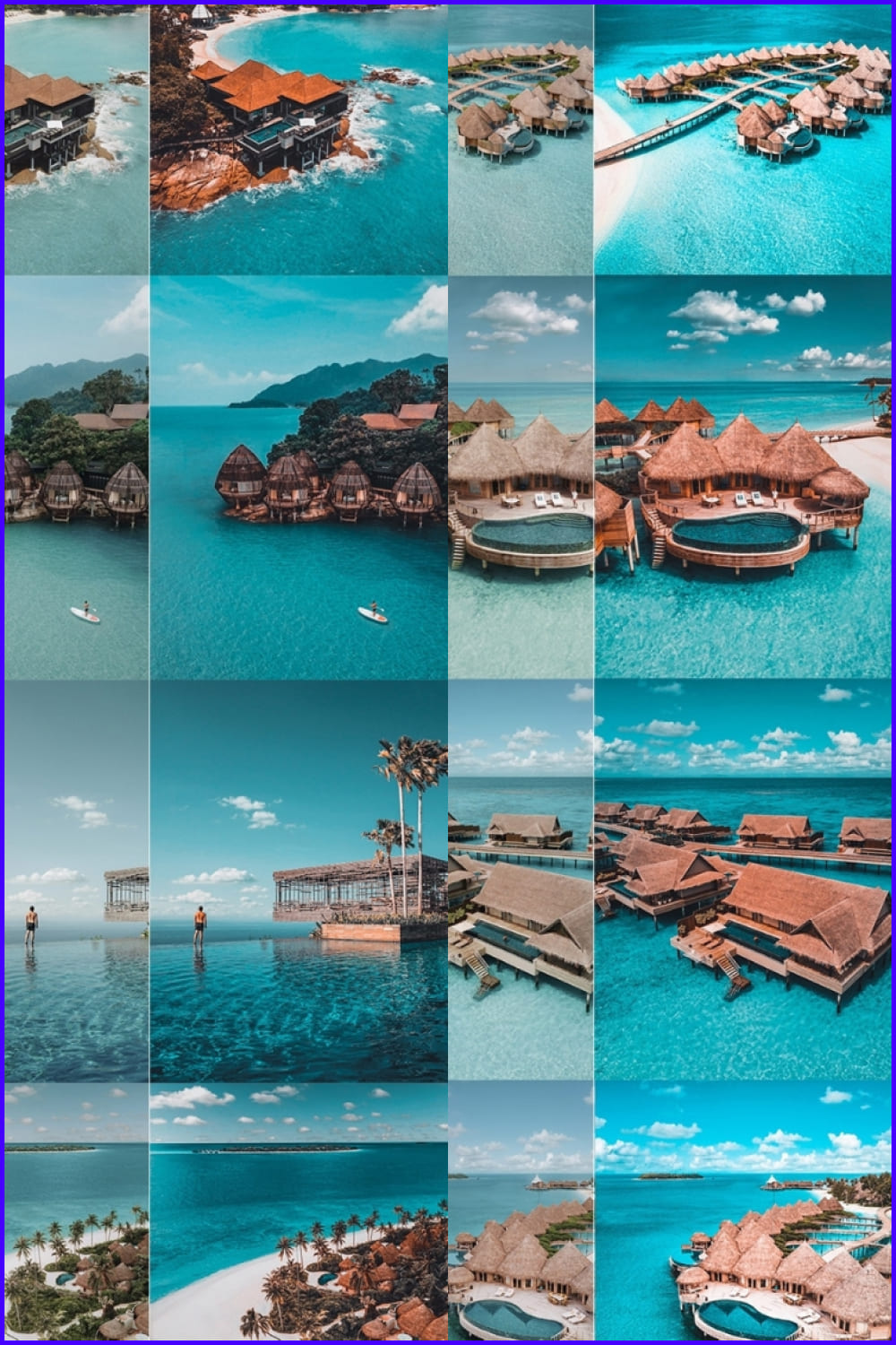 Collage of photos of houses in the sea, in different colors.