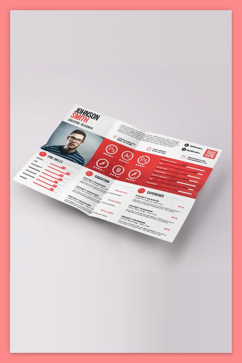 Photo resume in the form of a flyer with infographics and photos.