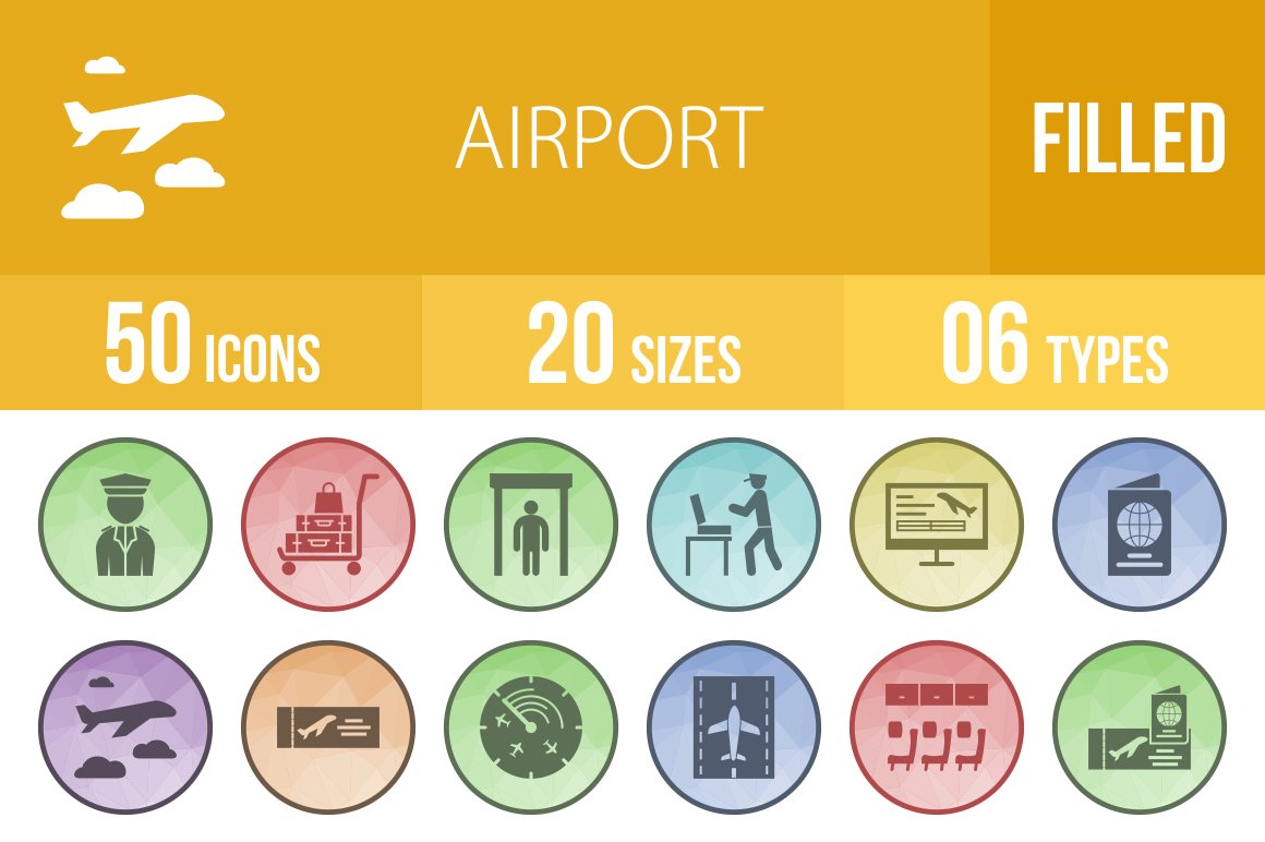 50 Airport Filled Low Poly B/G Icons cover image.