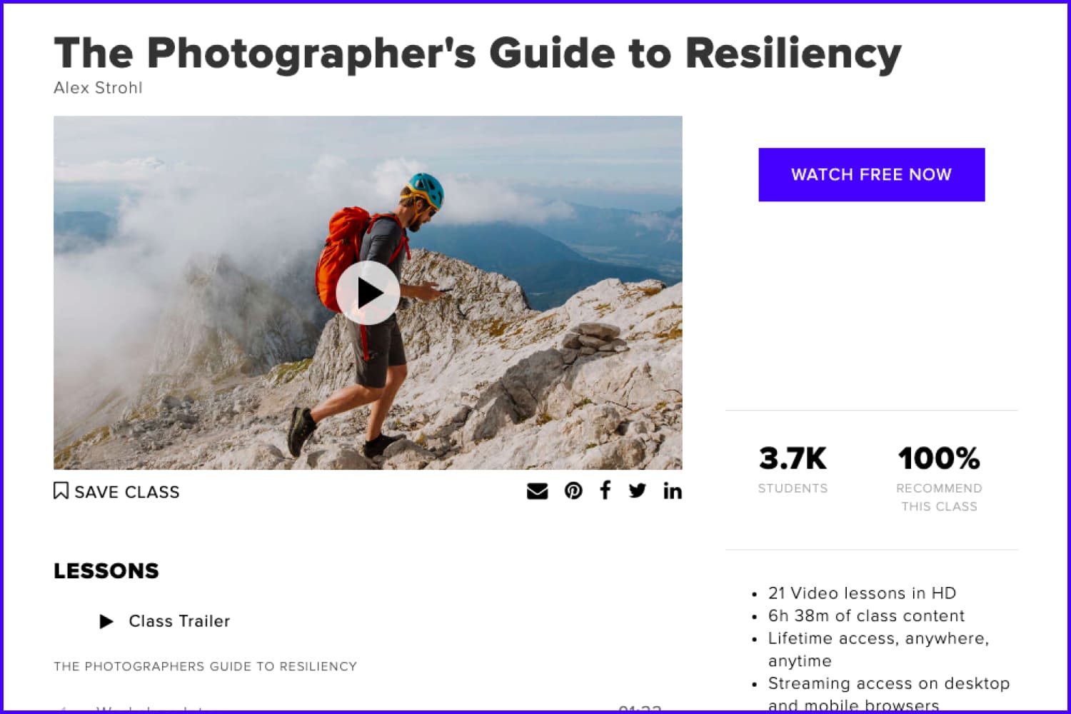 Screenshot of the main page of the course The Photographer's Guide to Resiliency website.
