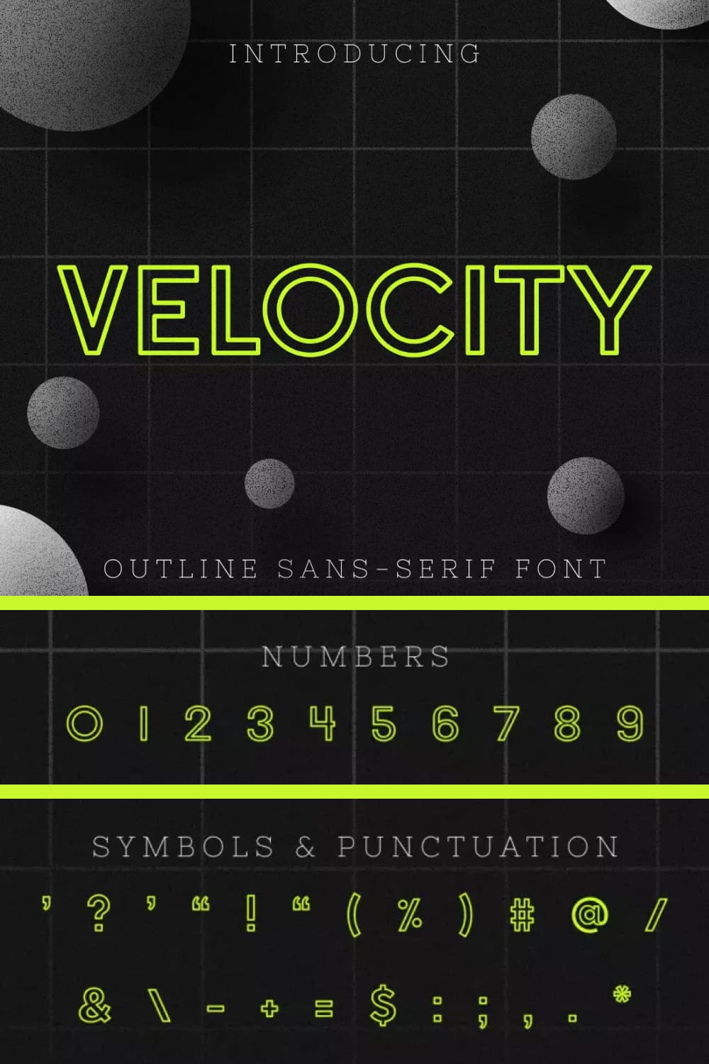 An example of a Velocity Outline Sans-Serif Font in green on a black background.