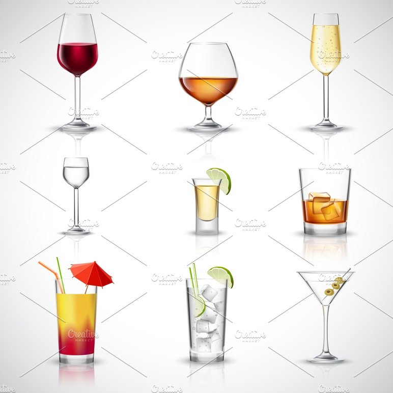 Alcohol drinks decorative icons set cover image.