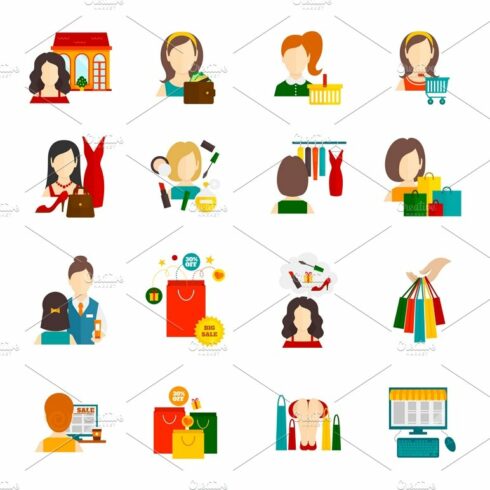 Woman shopping icon set cover image.