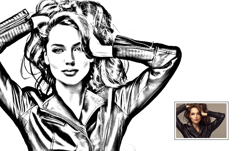 Black and white drawing of a woman in a leather jacket.