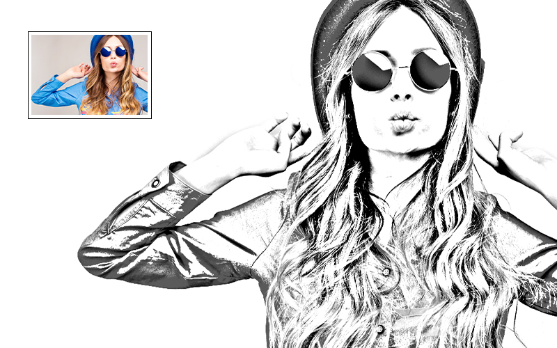 Drawing of a woman wearing sunglasses and a hat.