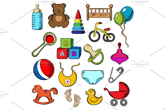 Baby and childish toys icons cover image.