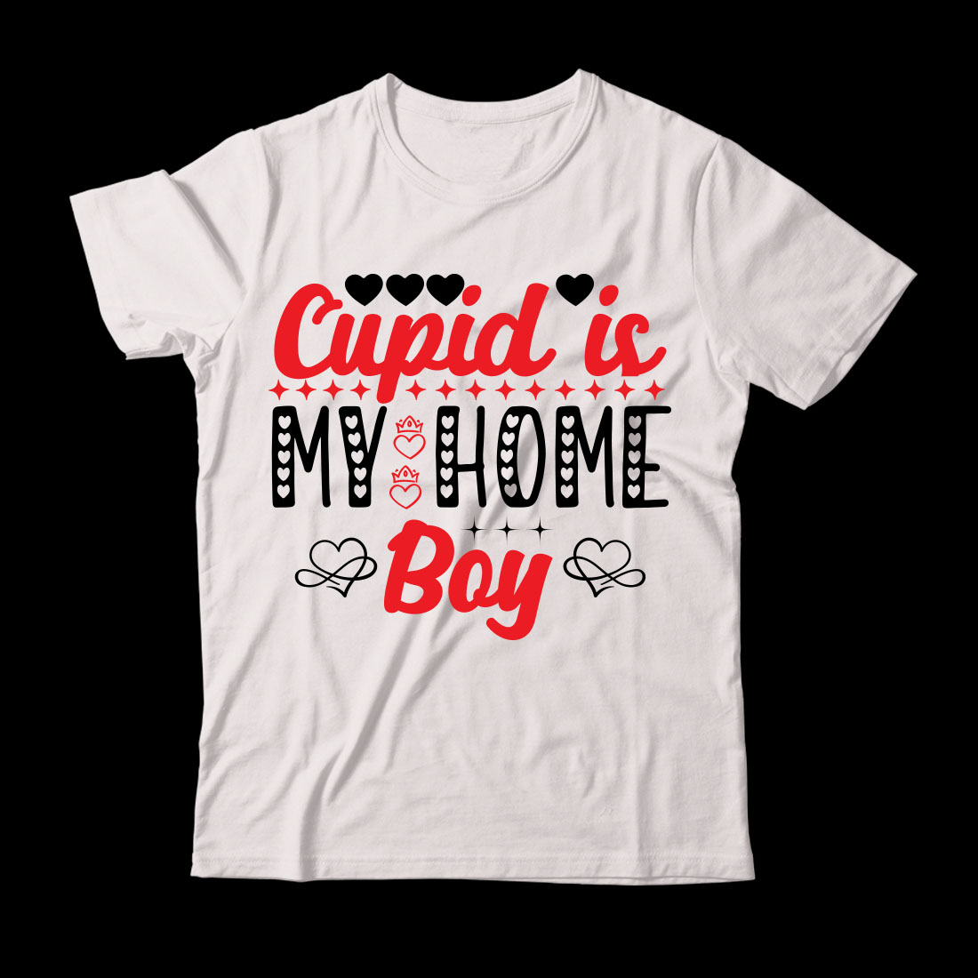 White shirt that says cupid is my home boy.