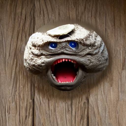 Fake head with blue eyes on a wooden surface.