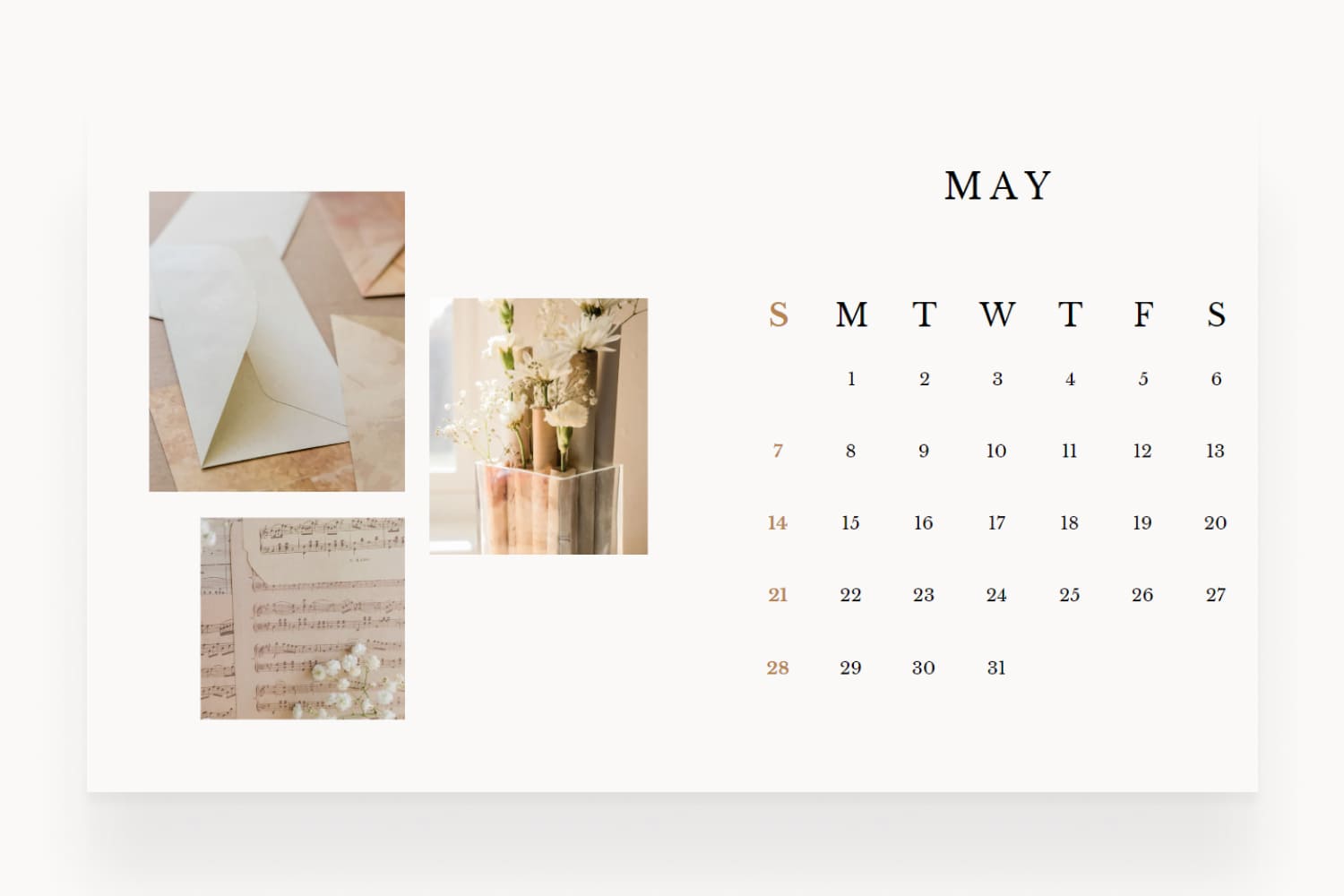 Calendar with a minimalist beige color scheme, clean typography, and beautiful photos.