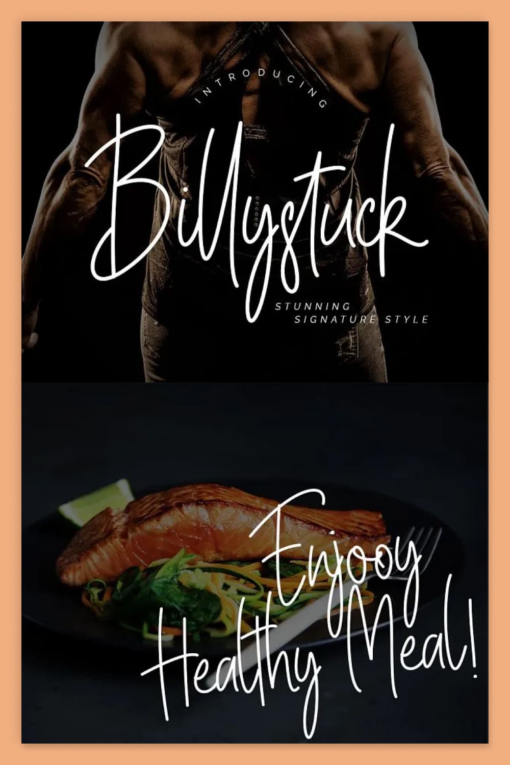 An example of writing a Billystuck Signature Font against the background of a dish with food and a bodybuilder.