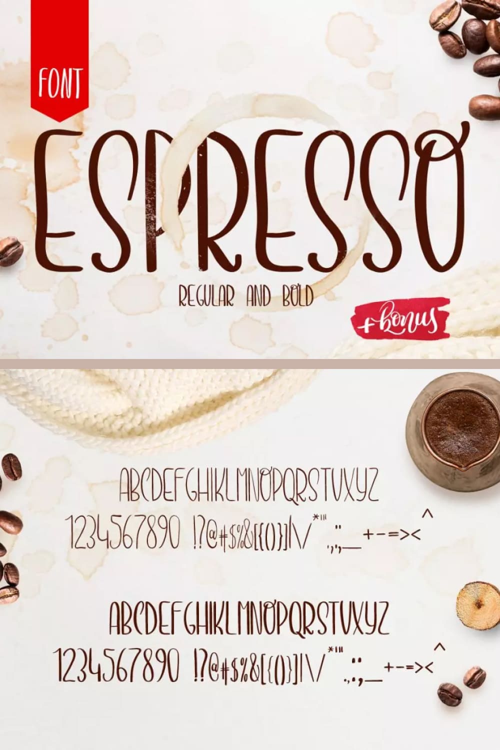 An example of a font in brown on a background of coffee and coffee beans.