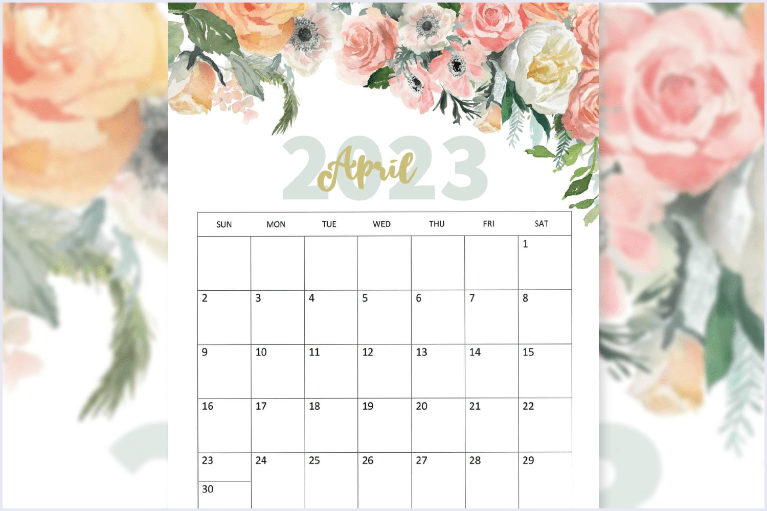 April calendar featuring soft pastel hues and delicate floral designs.