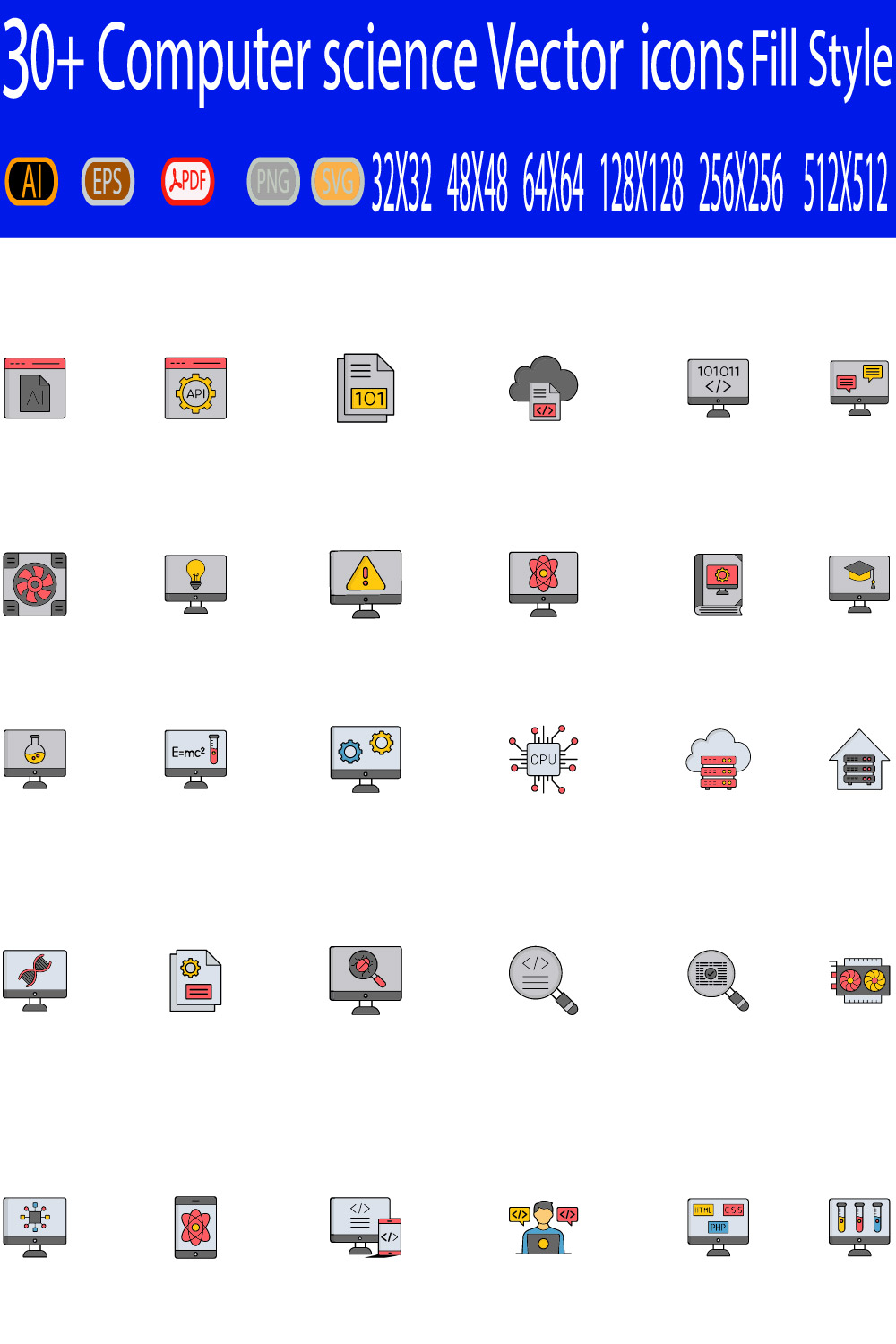 120+Computer Science Icon Pack pinterest preview image.