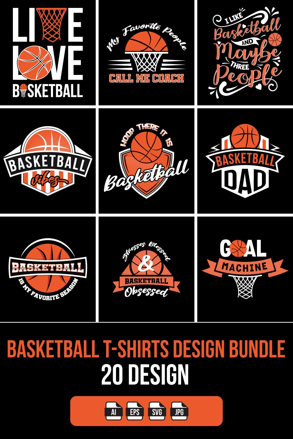 Basketball T-shirt Bundle 20 Designs pinterest preview image.