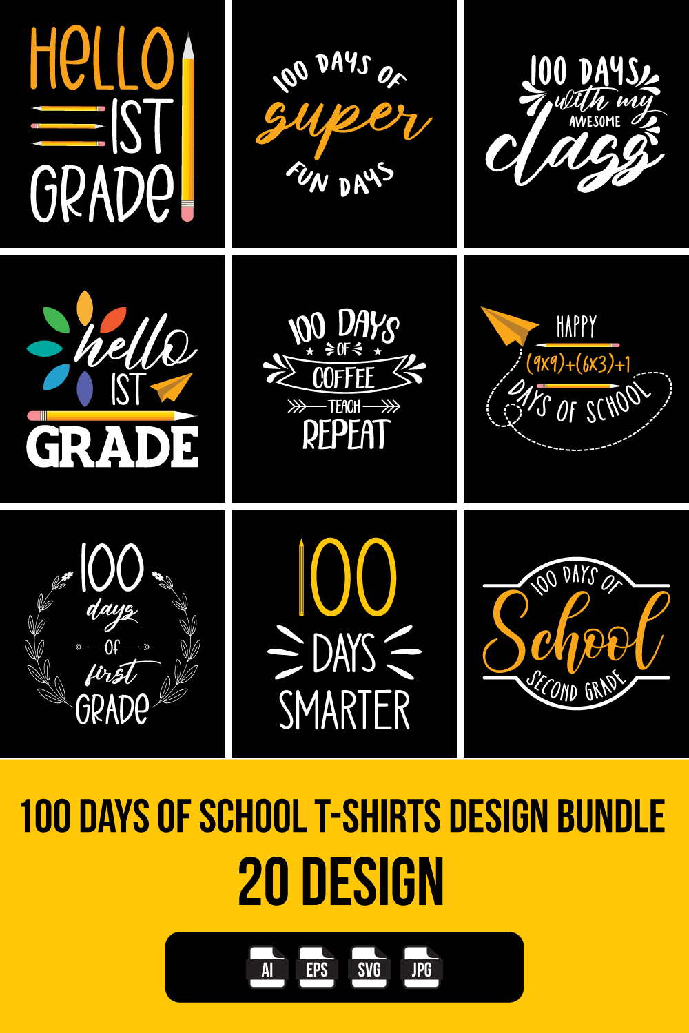 100 Days of School T-Shirts Design Bundle 20 Designs pinterest preview image.