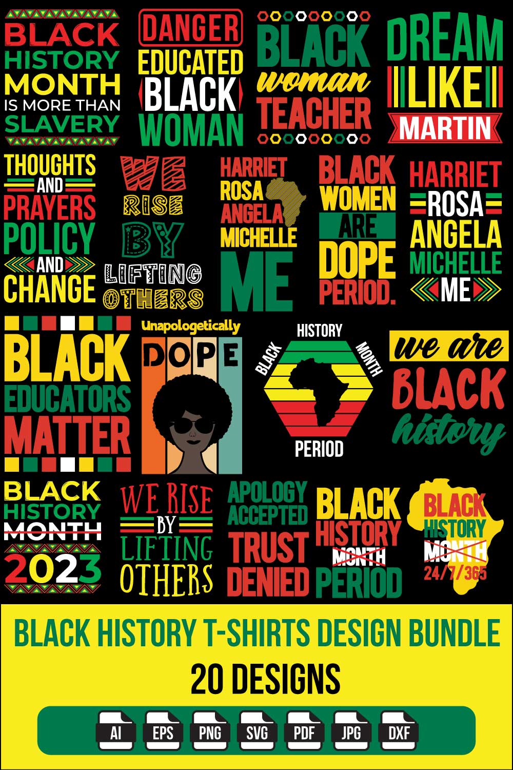 Black History Typrography T-Shirt Design Bundle // 20 Design pinterest preview image.