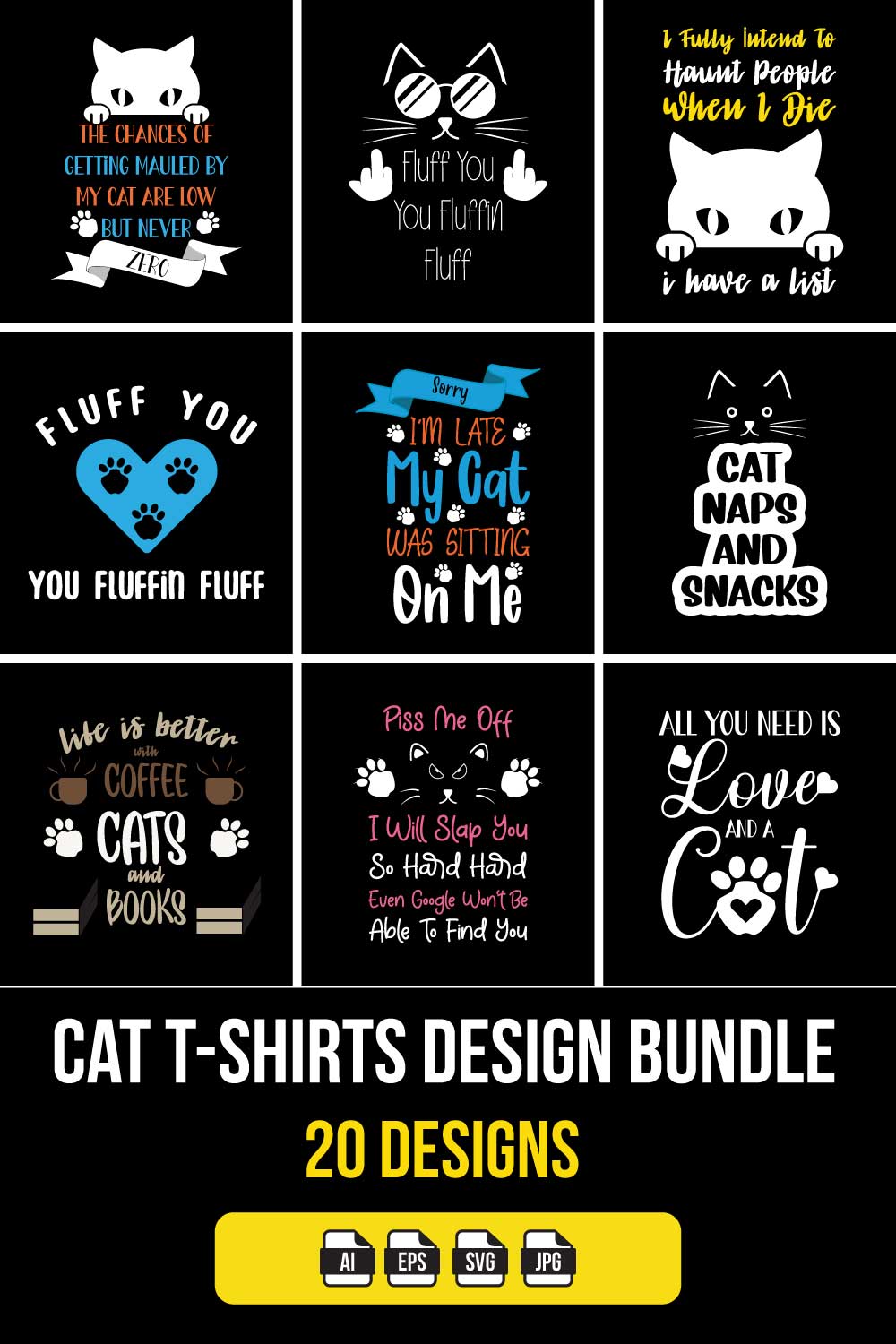 Cat T-Shirts Design Bundle pinterest preview image.