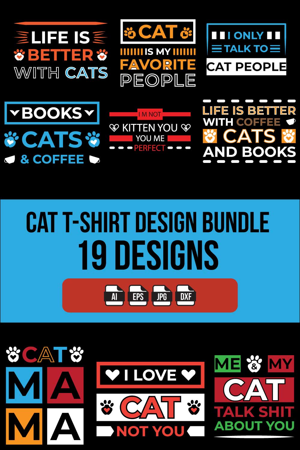 19 Cat T-Shirt Design Bundle pinterest preview image.