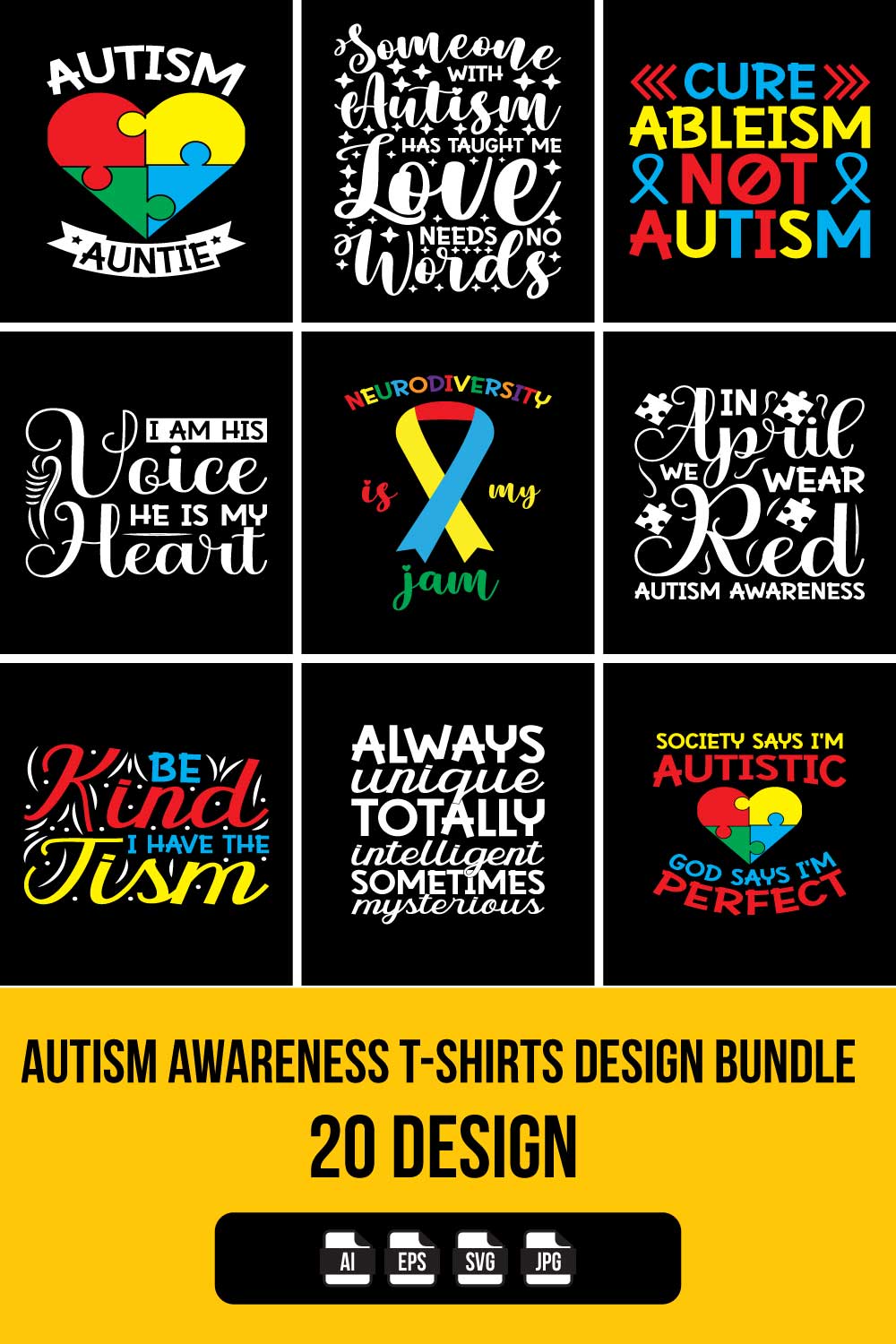 Autism awareness T-Shirts Design Bundle pinterest preview image.