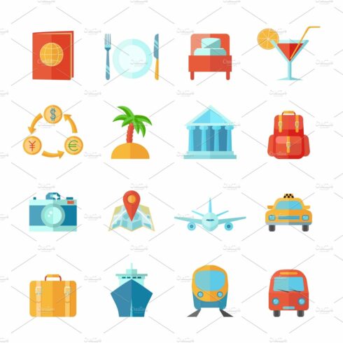 Travel and tourism icon flat set cover image.