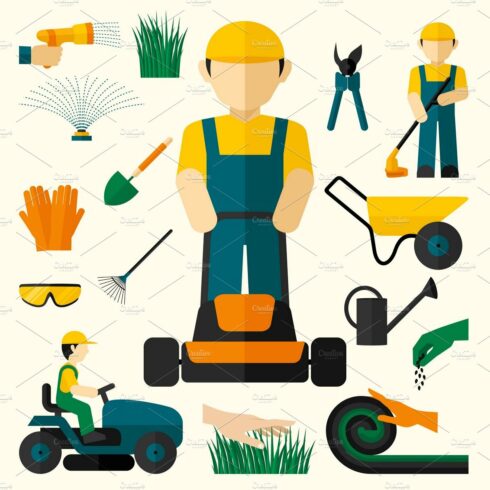 Man with garden equipment icons cover image.
